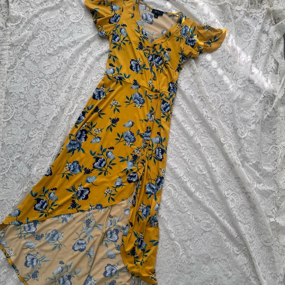 BCX Gorgeous Floral Yellow And Blue High Low Women’s Maxi Dress Size Medium
